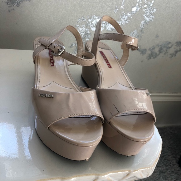 Prada Nude Patent Leather Platform Wedges - Picture 1 of 4